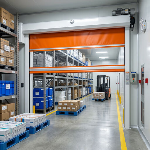 Industrielles Schnelllauf-Rolltor mit ISO 13849-Sicherheitszertifizierung und -30 °C bis +70 °C-Bereich mit zwei Sicherheitssensoren